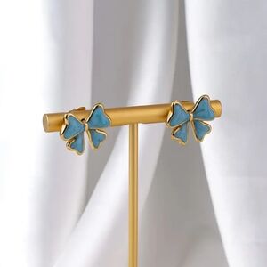 Gold Blue Enamel Bow Stud Earrings